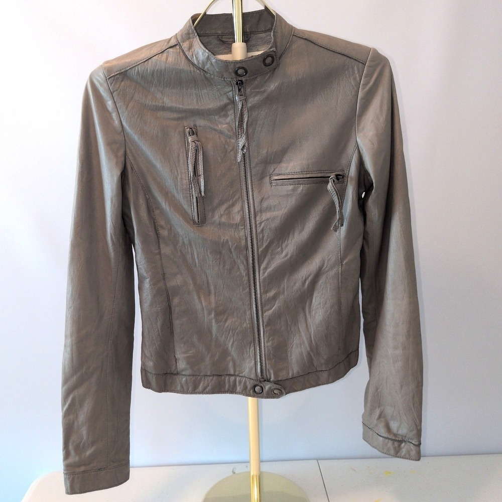 Ever Leather Jacket Womens S Grey Italian Lambskin Moto Cafe Racer US 48-60-25